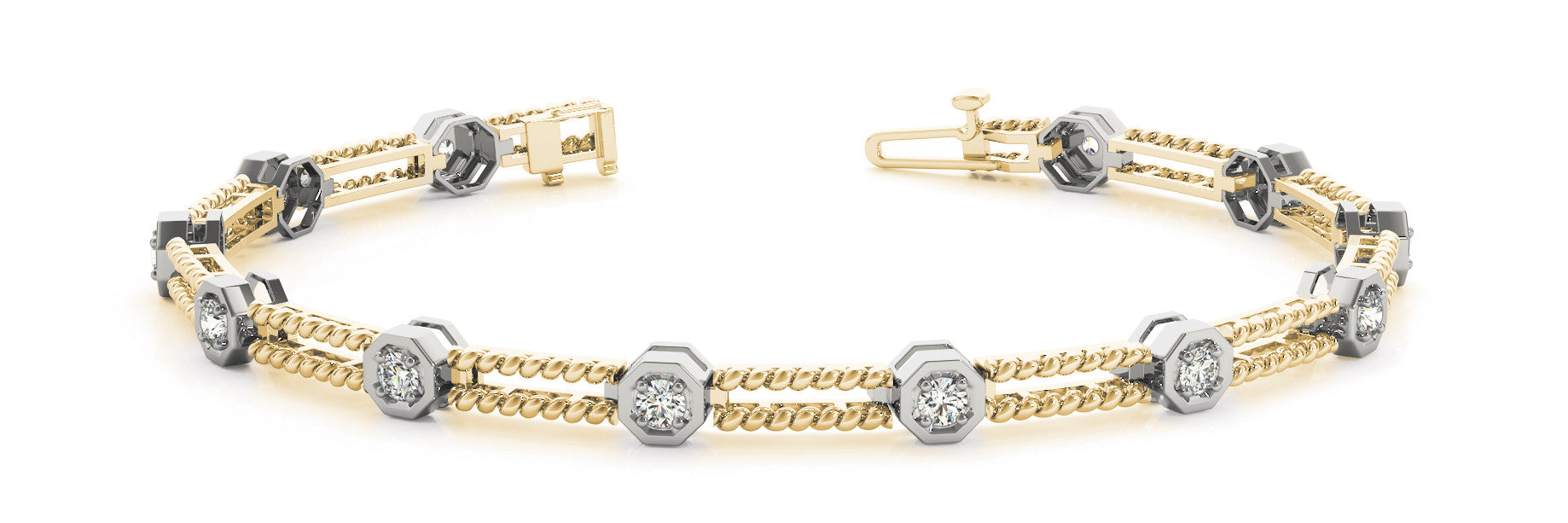 Yellow gold Hexagonal Diamond Tennis Bracelet with Bezel Setting and Rope Band